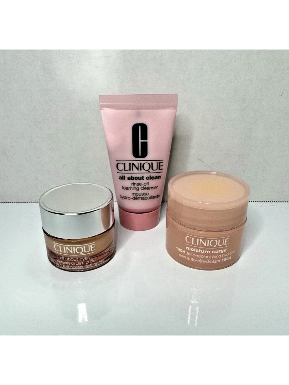 Clinique 3Pc Lot Skincare Travel Set Moisture Surge 100H All About Eyes Cleanser
